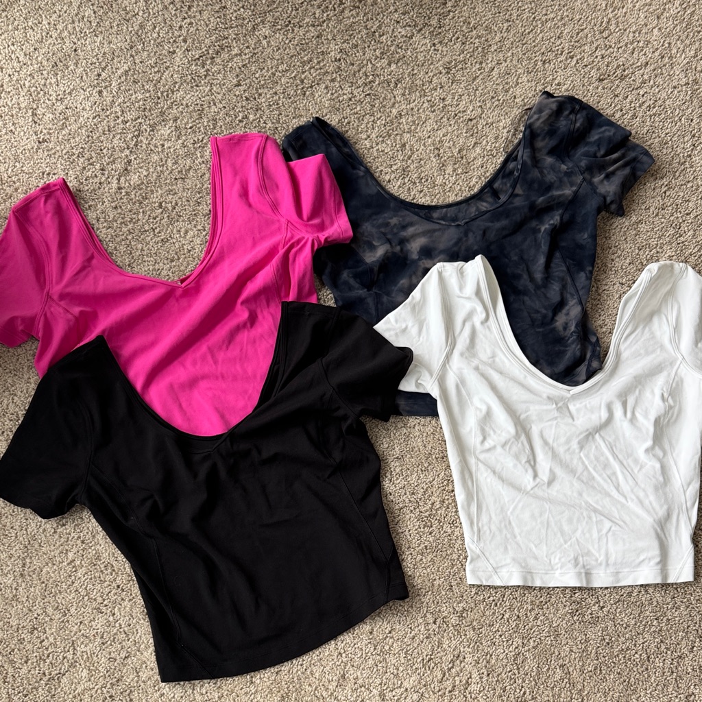 Lululemon Athletica Scoop Crop Top Set In Pink, Black, White, And Navy Tie-Dye